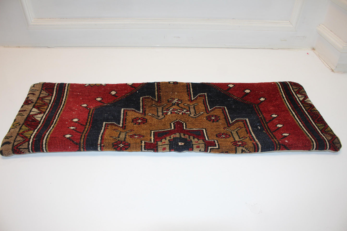 Vintage Turkish Kilim Bench Pillow 12x36 Long Red Navy Handwoven Anatolian Medallion Textile Accent