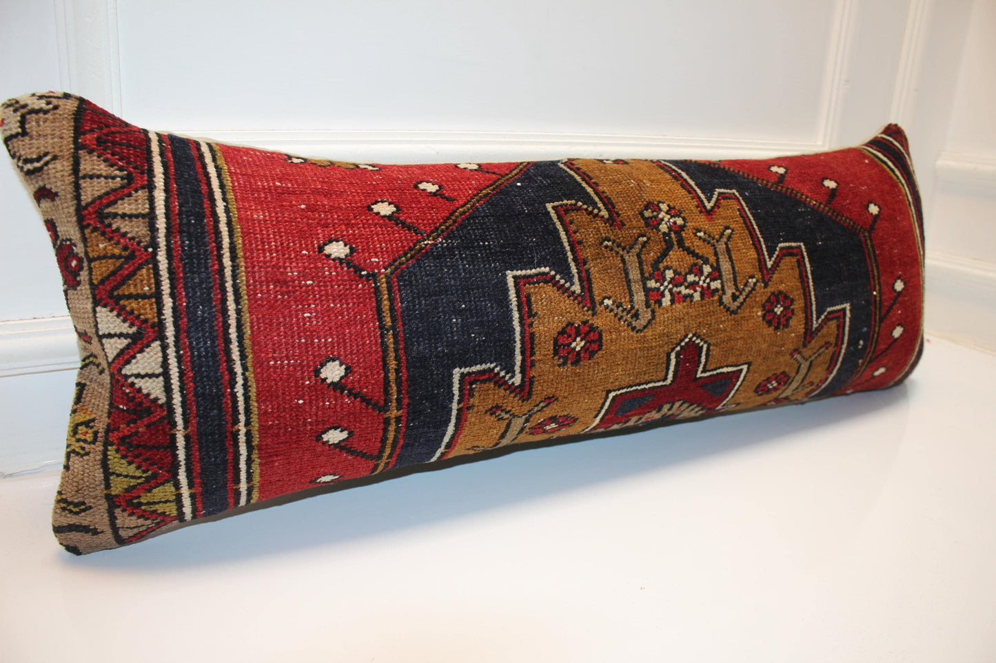 Vintage Turkish Kilim Bench Pillow 12x36 Long Red Navy Handwoven Anatolian Medallion Textile Accent