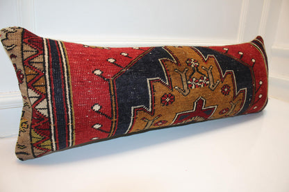 Vintage Turkish Kilim Bench Pillow 12x36 Long Red Navy Handwoven Anatolian Medallion Textile Accent