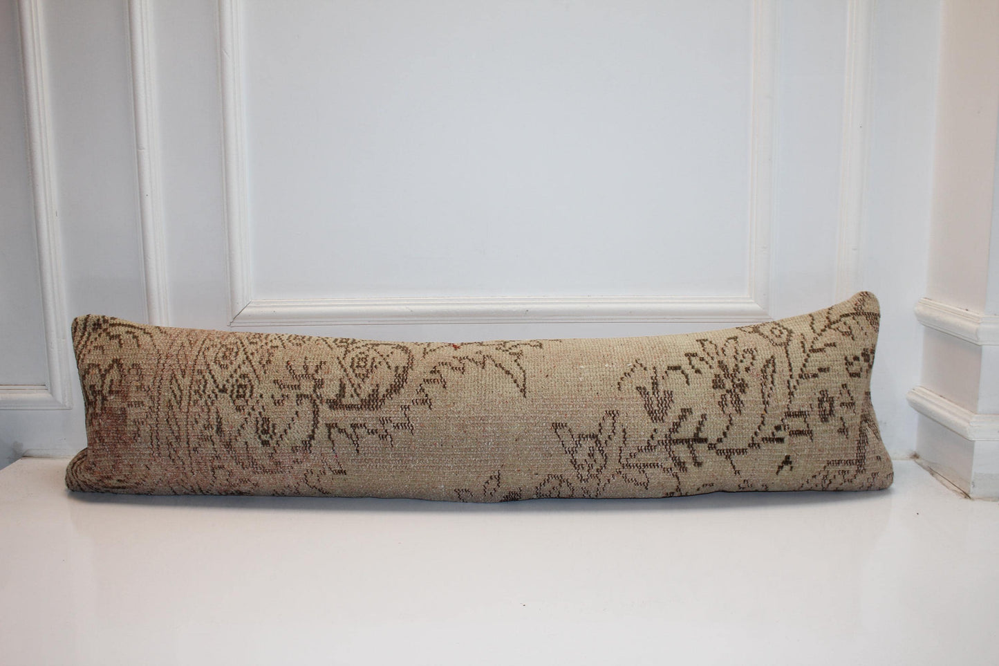 Vintage Turkish Kilim Pillow Cover – Washed Sand Botanical Lumbar Bench Cushion