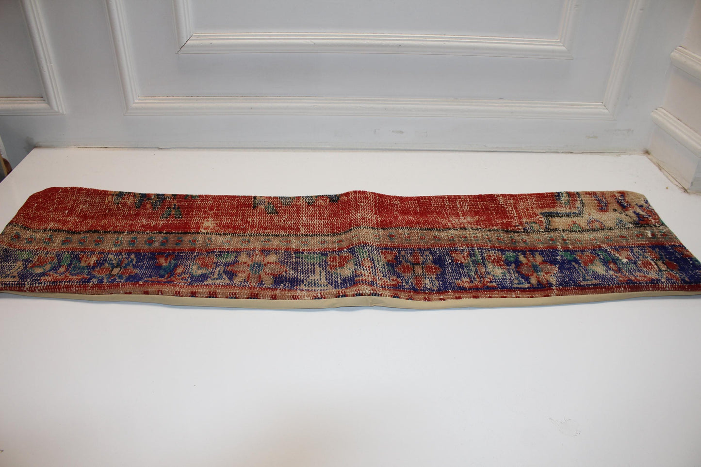 Vintage Turkish Rug Bench Pillow 12x48 – Aged Crimson & Cobalt Textural Lumbar for Statement Seating