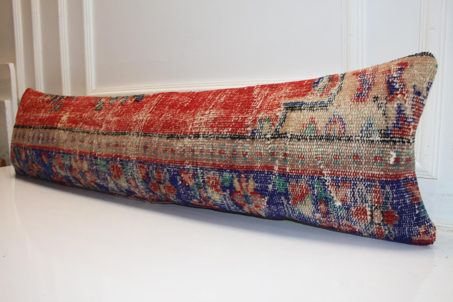 Vintage Turkish Rug Bench Pillow 12x48 – Aged Crimson & Cobalt Textural Lumbar for Statement Seating