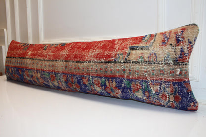 Vintage Turkish Rug Bench Pillow 12x48 – Aged Crimson & Cobalt Textural Lumbar for Statement Seating