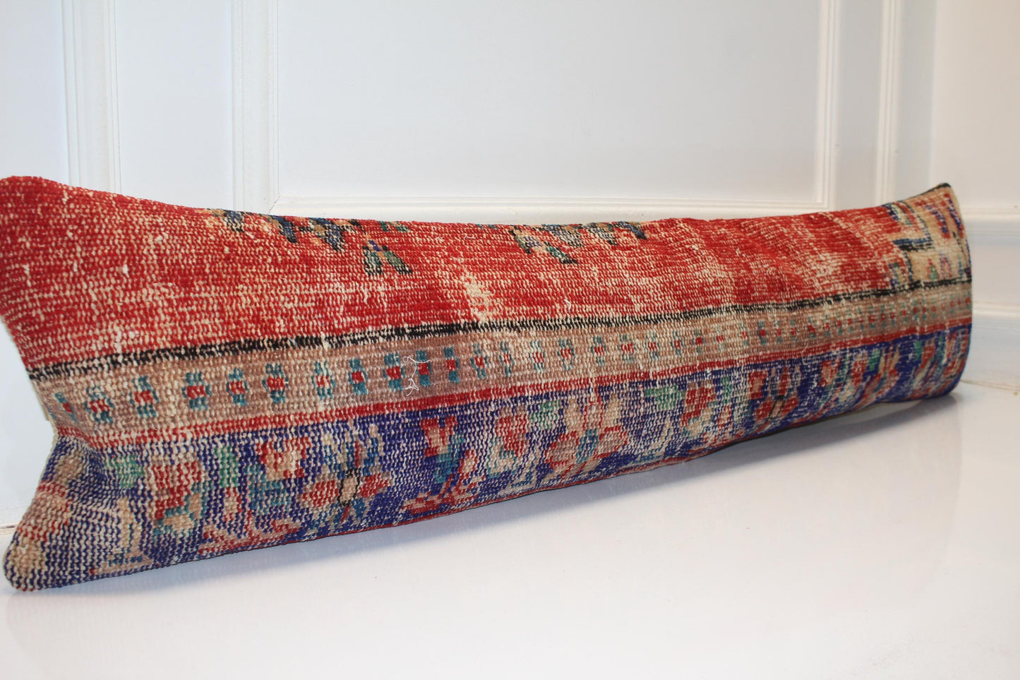 Vintage Turkish Rug Bench Pillow 12x48 – Aged Crimson & Cobalt Textural Lumbar for Statement Seating