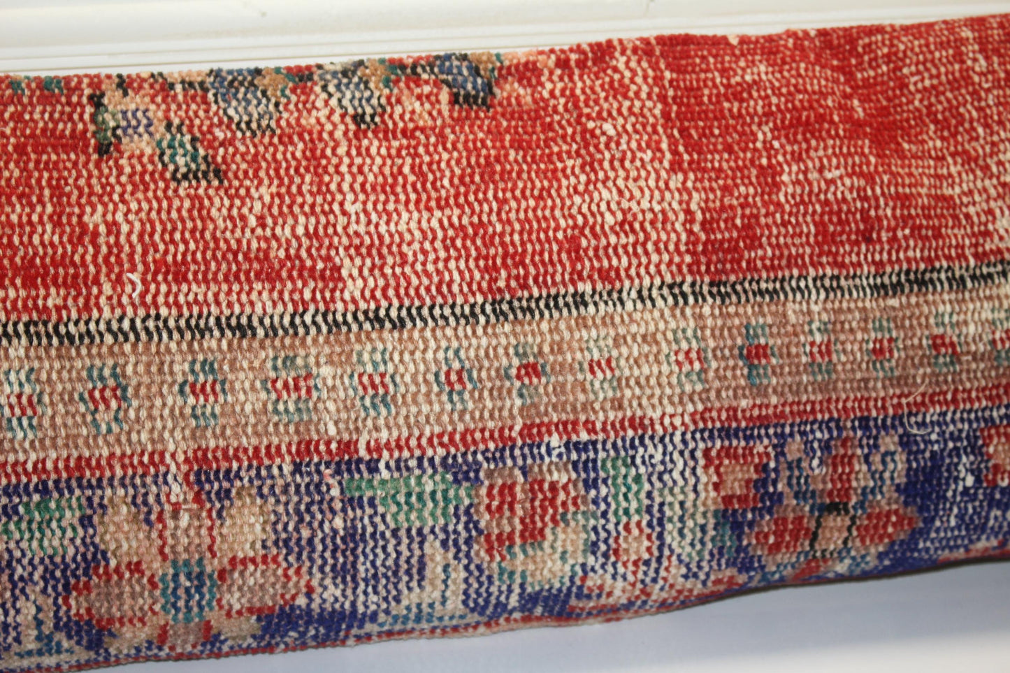 Vintage Turkish Rug Bench Pillow 12x48 – Aged Crimson & Cobalt Textural Lumbar for Statement Seating
