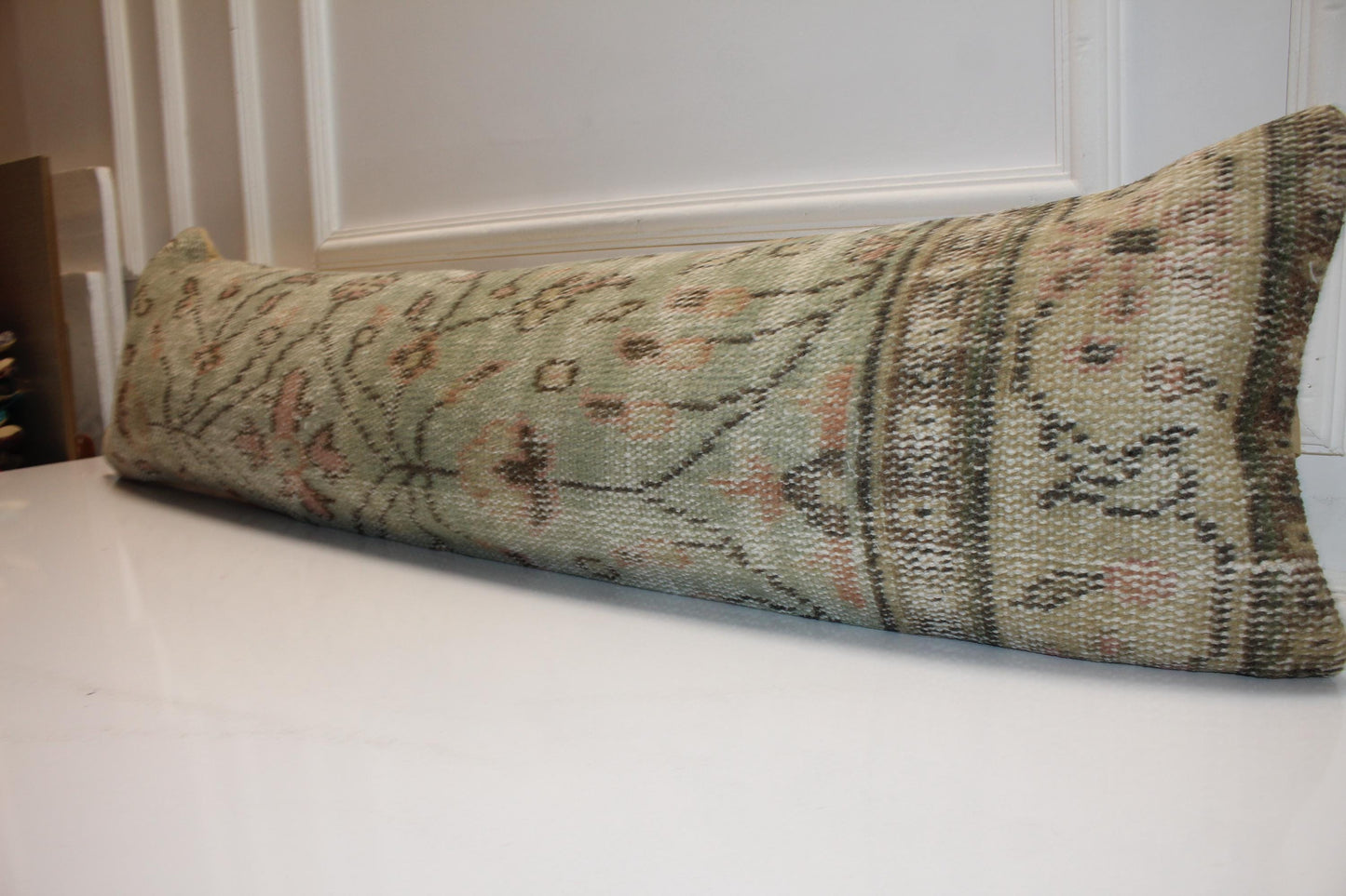Vintage Turkish Rug Bench Pillow 12x48 – Soft Sage Distressed Lumbar for Elevated Entryway Seating