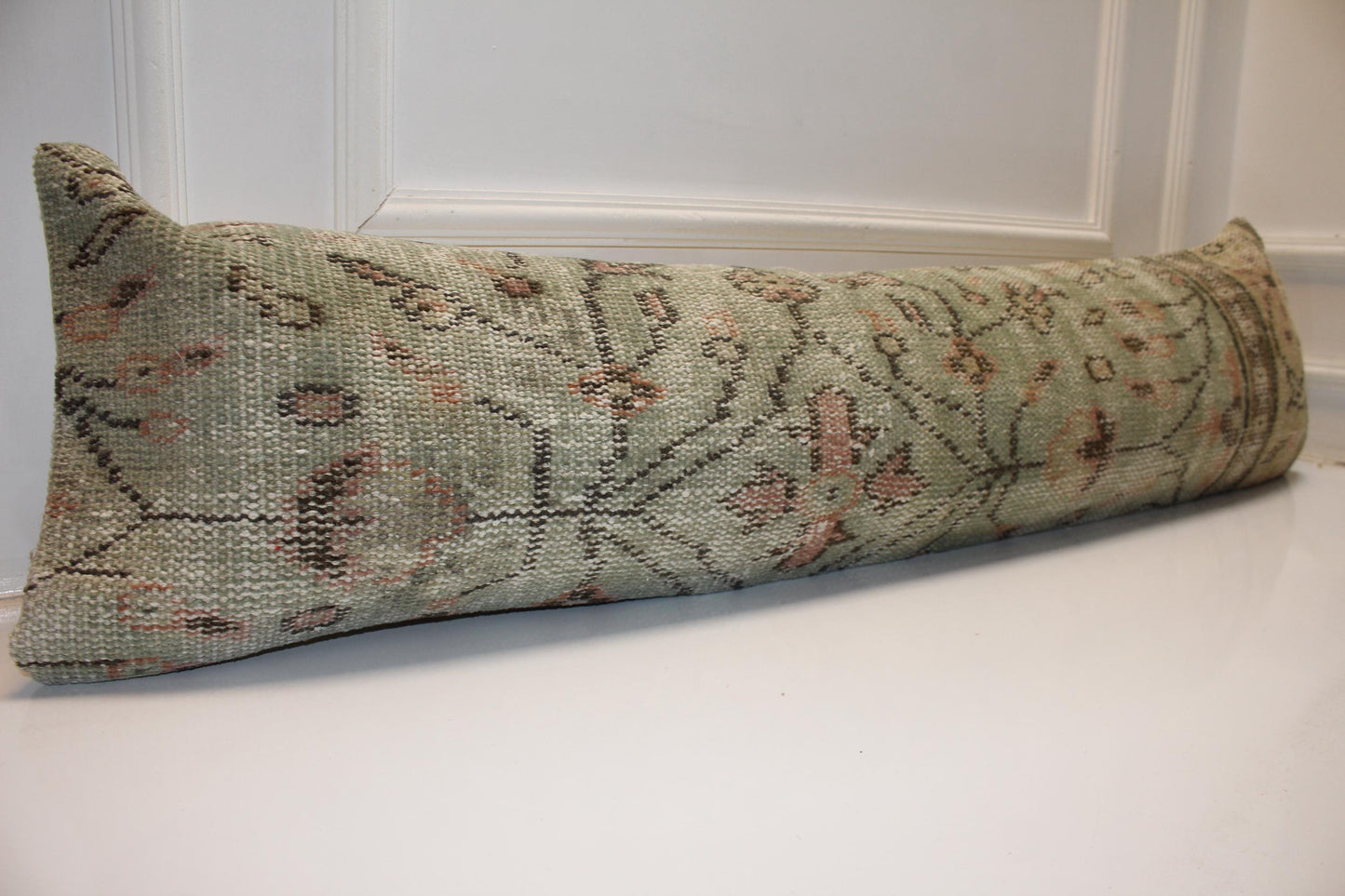 Vintage Turkish Rug Bench Pillow 12x48 – Soft Sage Distressed Lumbar for Elevated Entryway Seating