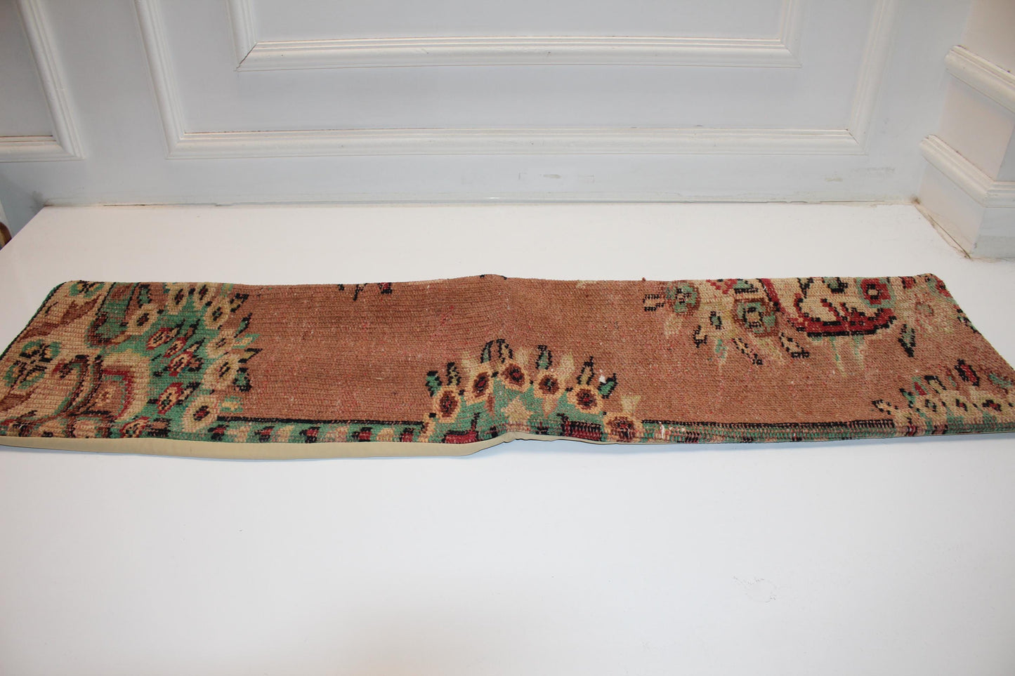Vintage Turkish Kilim Bench Pillow – Terracotta Emerald Lumbar Statement Rug Cushion