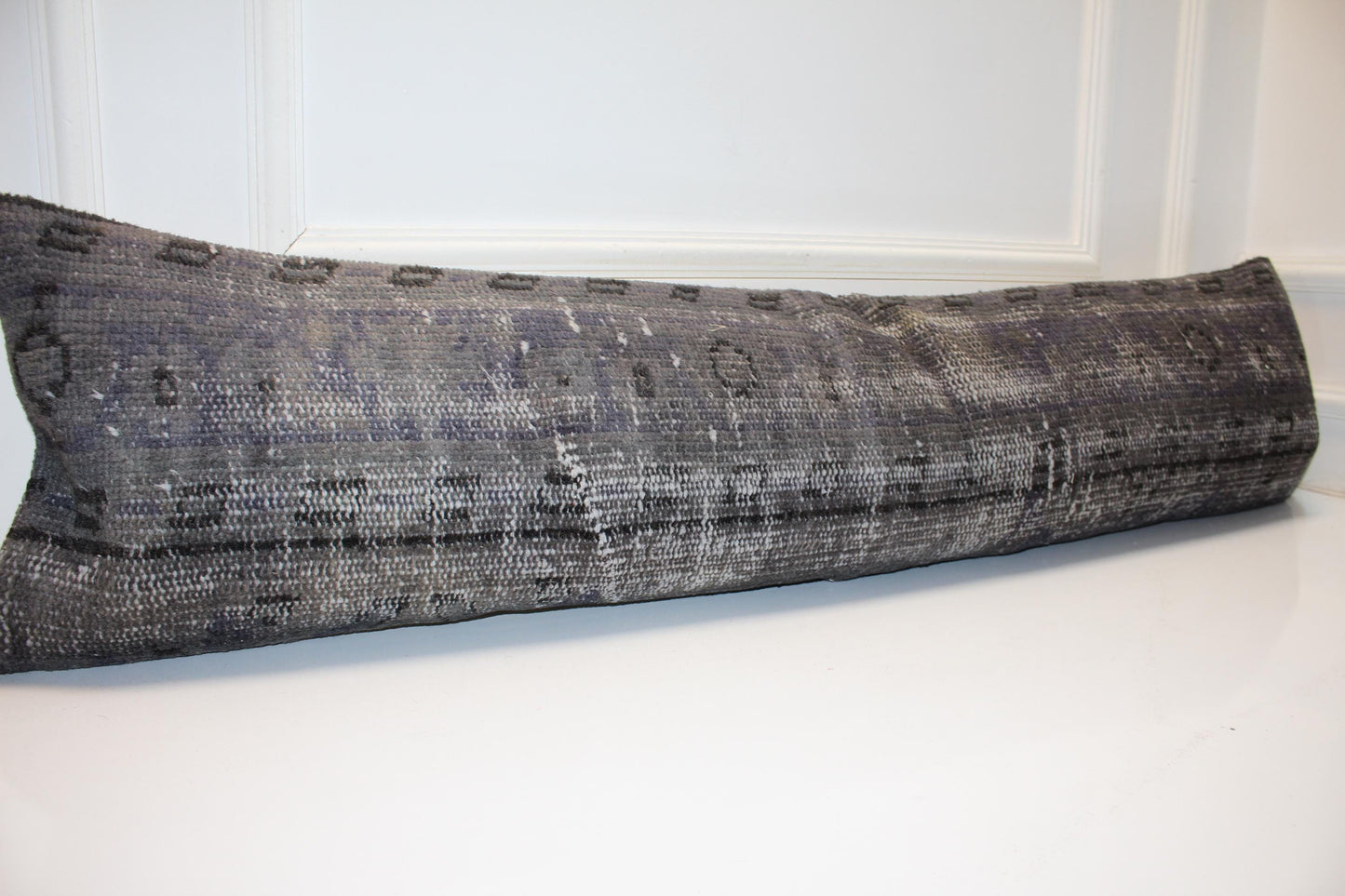 Charcoal Gray Vintage Turkish Rug Bench Pillow, Long Lumbar Cushion for Sofa 12X48