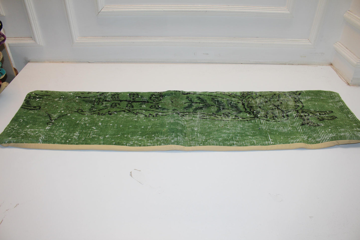 Olive Green Vintage Turkish Rug Bench Pillow, Handwoven Look Long Lumbar Cushion 12X48