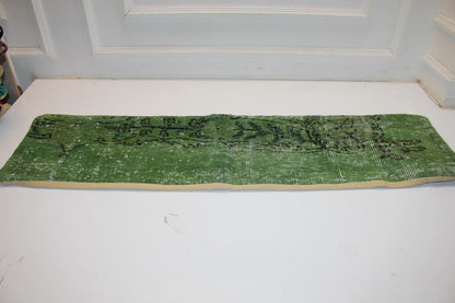 Olive Green Vintage Turkish Rug Bench Pillow, Handwoven Look Long Lumbar Cushion 12X48
