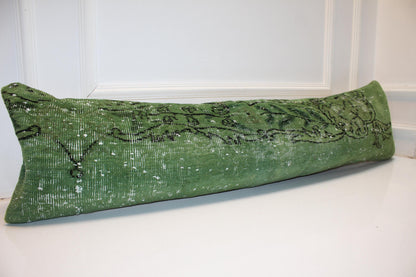 Olive Green Vintage Turkish Rug Bench Pillow, Handwoven Look Long Lumbar Cushion 12X48