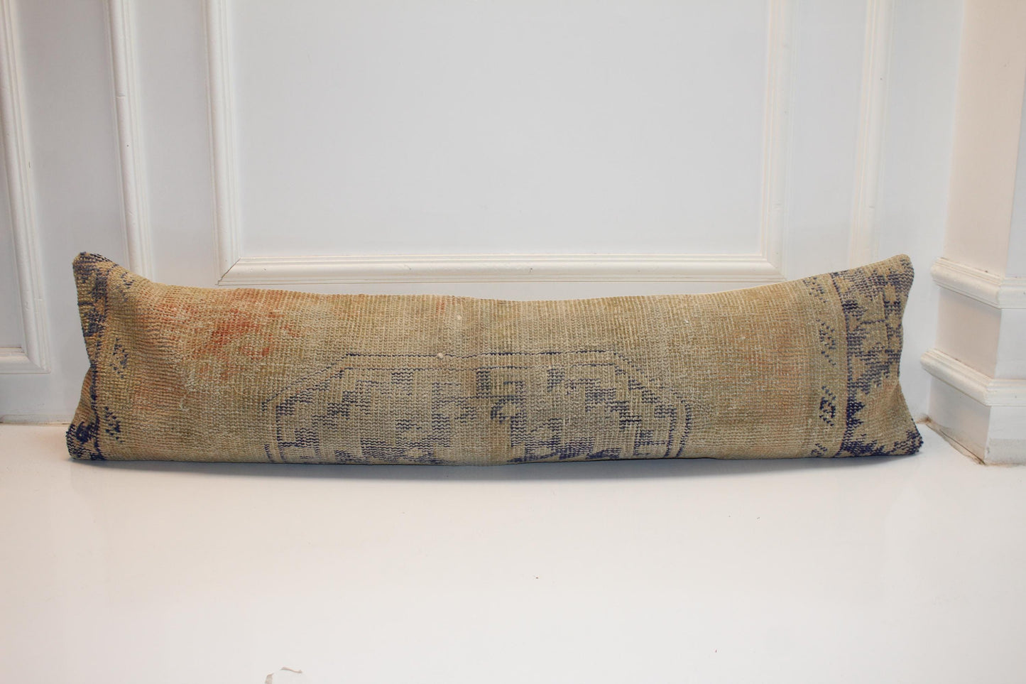Soft Beige Vintage Turkish Rug Bench Pillow, Muted Sand Long Lumbar Cushion 12X48
