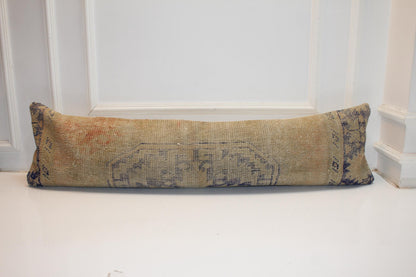 Soft Beige Vintage Turkish Rug Bench Pillow, Muted Sand Long Lumbar Cushion 12X48