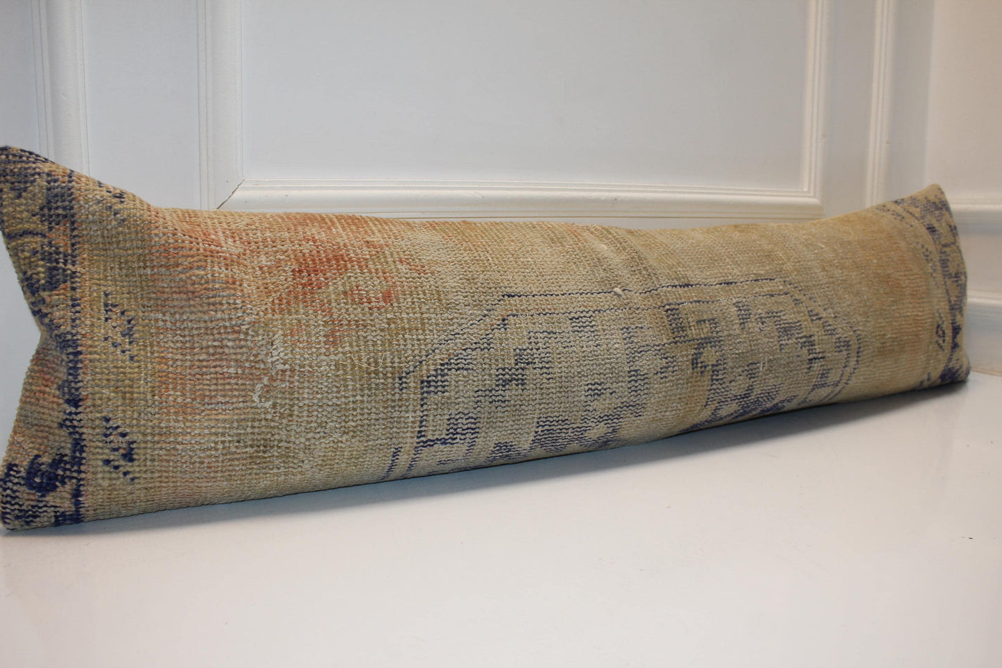 Soft Beige Vintage Turkish Rug Bench Pillow, Muted Sand Long Lumbar Cushion 12X48
