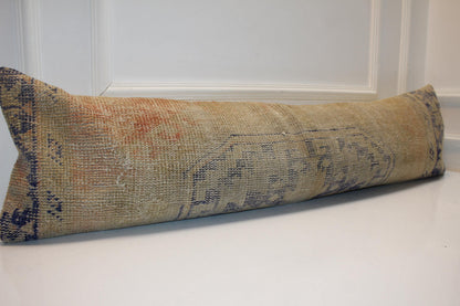 Soft Beige Vintage Turkish Rug Bench Pillow, Muted Sand Long Lumbar Cushion 12X48