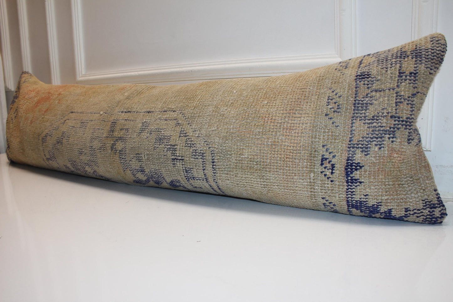 Soft Beige Vintage Turkish Rug Bench Pillow, Muted Sand Long Lumbar Cushion 12X48