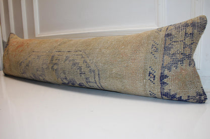 Soft Beige Vintage Turkish Rug Bench Pillow, Muted Sand Long Lumbar Cushion 12X48
