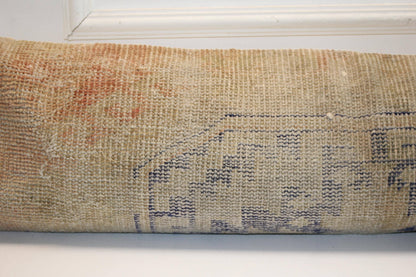 Soft Beige Vintage Turkish Rug Bench Pillow, Muted Sand Long Lumbar Cushion 12X48
