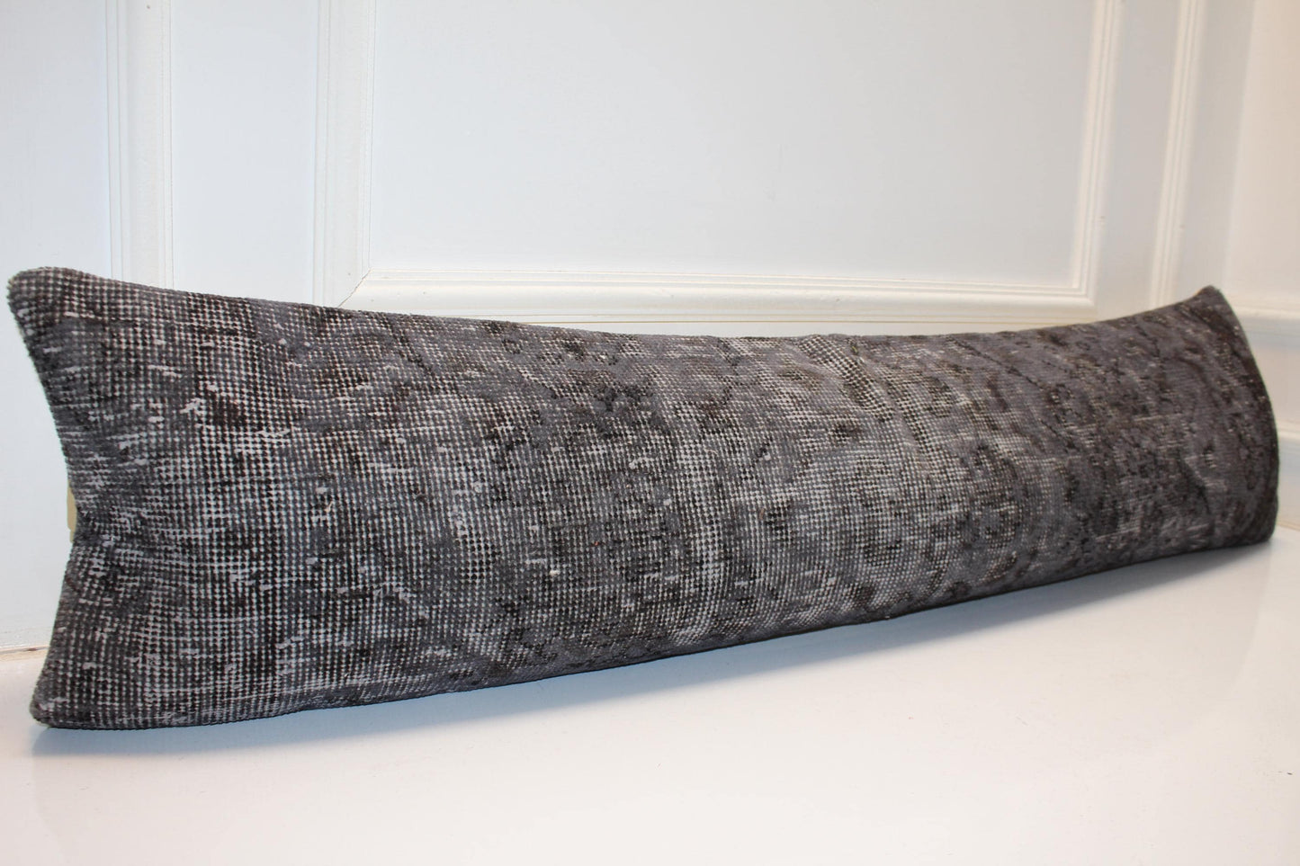 Smoky Taupe Vintage Turkish Rug Bench Pillow, Faded Dark Neutral Lumbar Cushion 12X48