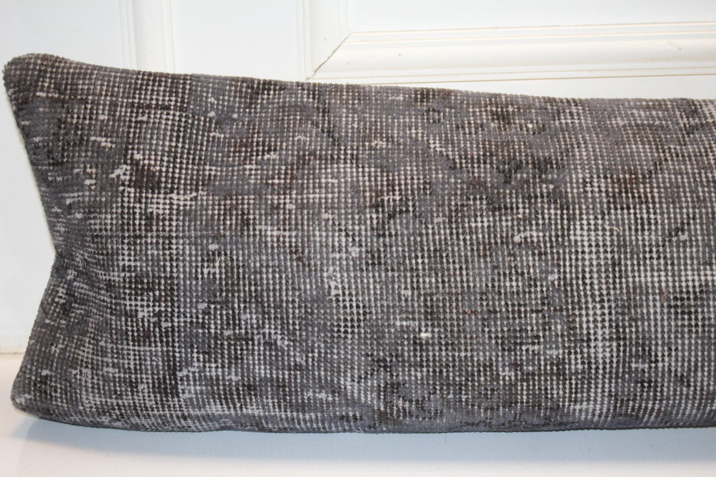 Smoky Taupe Vintage Turkish Rug Bench Pillow, Faded Dark Neutral Lumbar Cushion 12X48