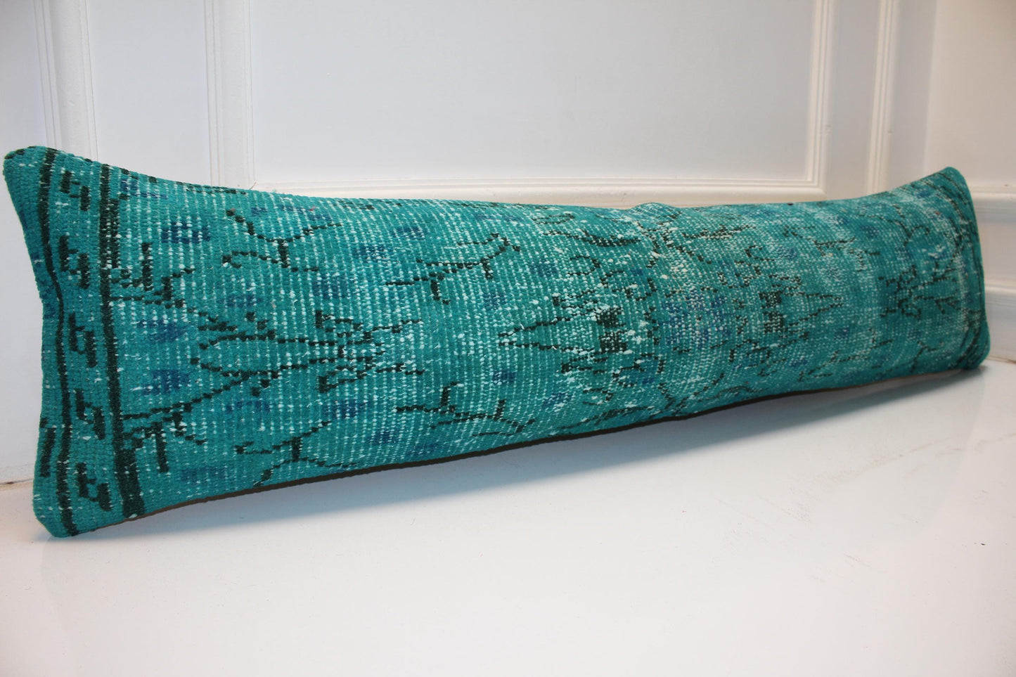 Emerald Teal Vintage Turkish Rug Bench Pillow, Bold Overdyed Long Lumbar Cushion 12X48