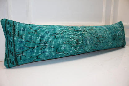 Emerald Teal Vintage Turkish Rug Bench Pillow, Bold Overdyed Long Lumbar Cushion 12X48