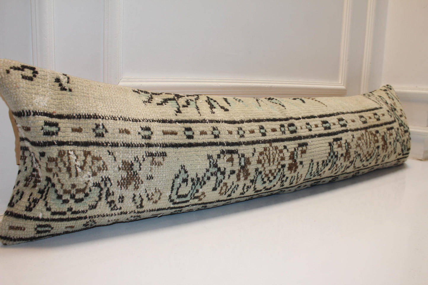 Antique Cream Turkish Rug Bench Pillow, Linear Tribal Border Lumbar Cushion 12X48