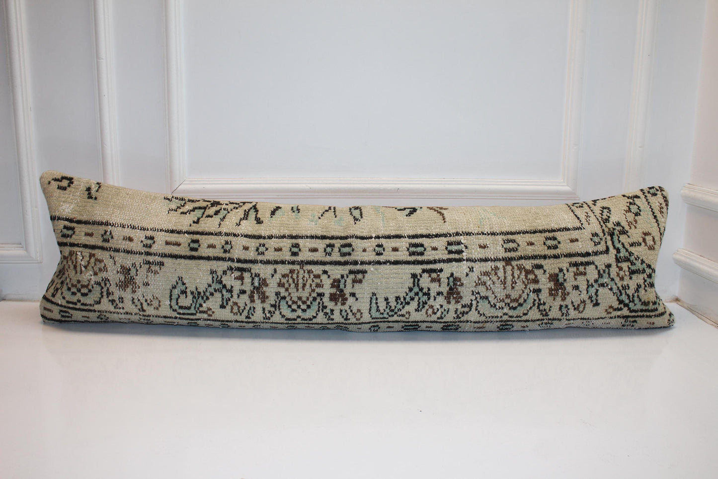 Antique Cream Turkish Rug Bench Pillow, Linear Tribal Border Lumbar Cushion 12X48