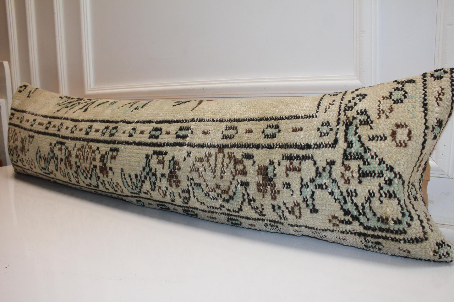 Antique Cream Turkish Rug Bench Pillow, Linear Tribal Border Lumbar Cushion 12X48