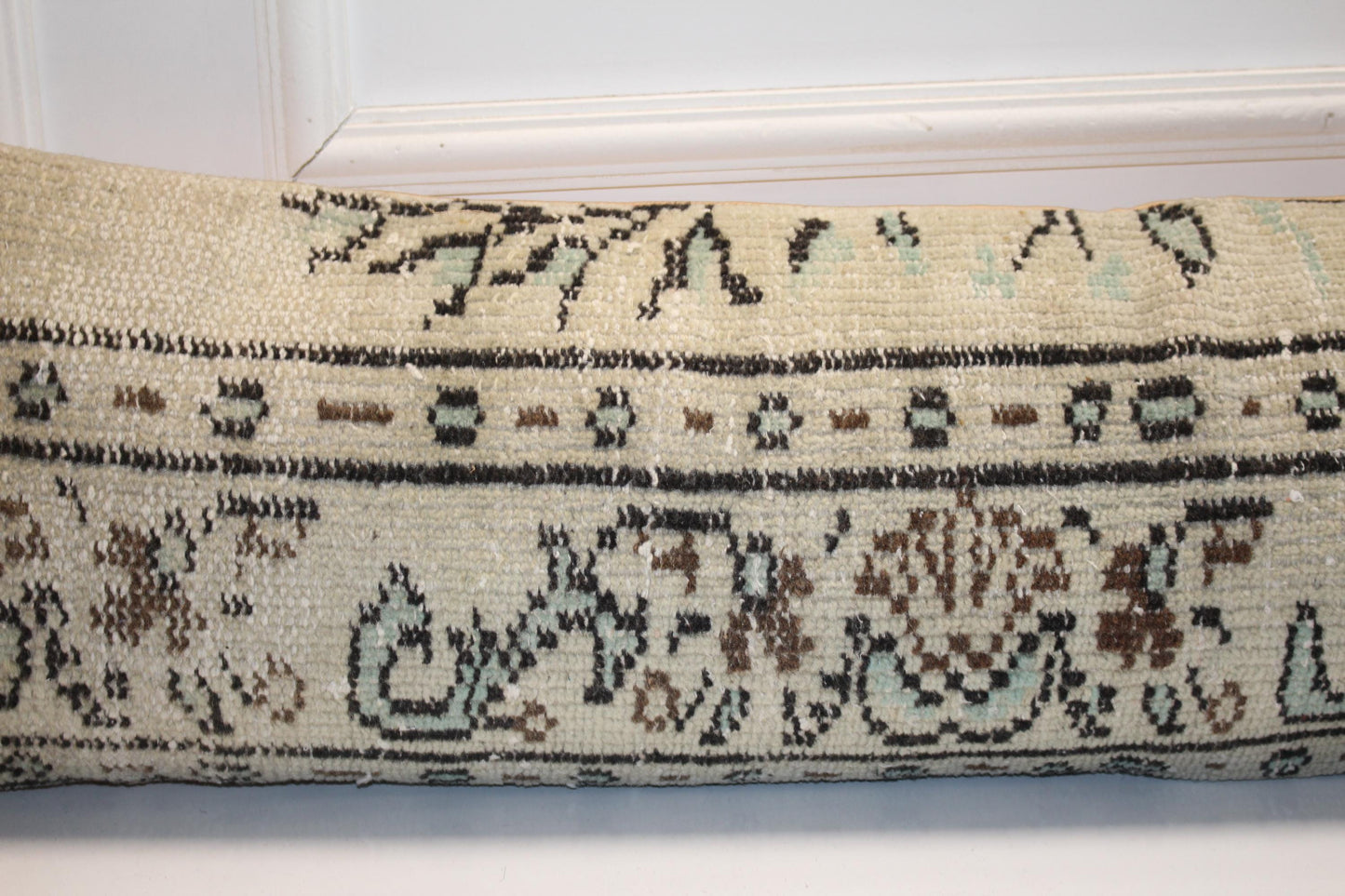 Antique Cream Turkish Rug Bench Pillow, Linear Tribal Border Lumbar Cushion 12X48