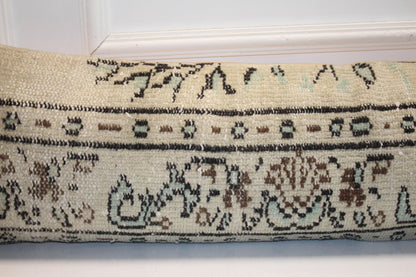 Antique Cream Turkish Rug Bench Pillow, Linear Tribal Border Lumbar Cushion 12X48