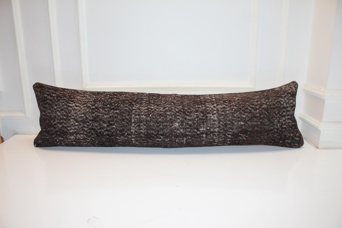 Deep Espresso Brown Vintage Turkish Rug Bench Pillow, Textured Overdyed Long Lumbar Cushion 12X48