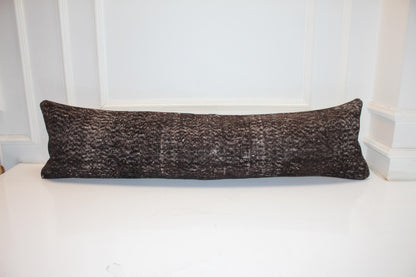 Deep Espresso Brown Vintage Turkish Rug Bench Pillow, Textured Overdyed Long Lumbar Cushion 12X48