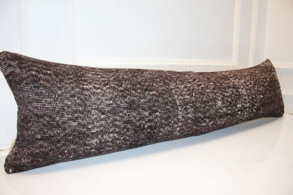 Deep Espresso Brown Vintage Turkish Rug Bench Pillow, Textured Overdyed Long Lumbar Cushion 12X48