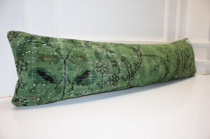 Fresh Green Vintage Turkish Rug Bench Pillow, Botanical Distressed Long Lumbar Cushion 12X48