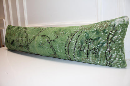 Fresh Green Vintage Turkish Rug Bench Pillow, Botanical Distressed Long Lumbar Cushion 12X48