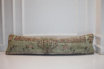 Muted Green Pink Long Lumbar Cushion, Elegant Botanical Sofa Pillow 12X48