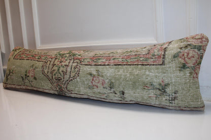 Muted Green Pink Long Lumbar Cushion, Elegant Botanical Sofa Pillow 12X48