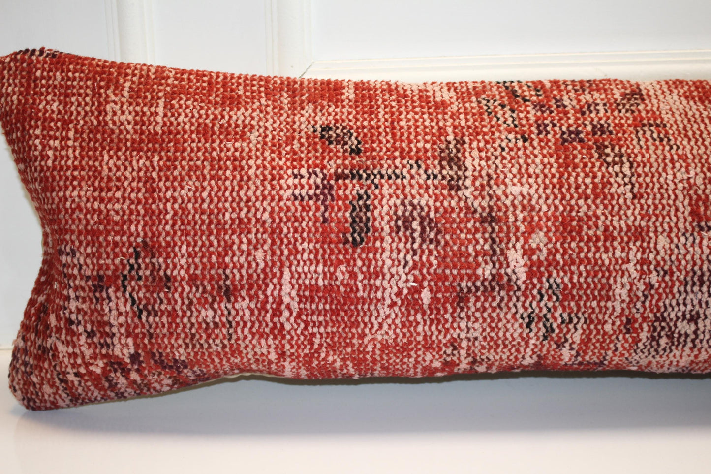Vintage Turkish Kilim Bench Pillow, Burnt Terracotta Lumbar Cushion, Boho Anatolian Cover