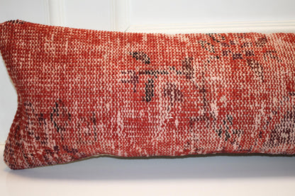 Vintage Turkish Kilim Bench Pillow, Burnt Terracotta Lumbar Cushion, Boho Anatolian Cover
