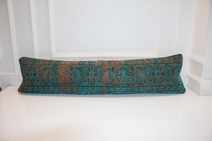 Turkish Rug Bench Pillow 12x48, Turquoise Kilim Lumbar Cushion Boho Entryway Bench Decor