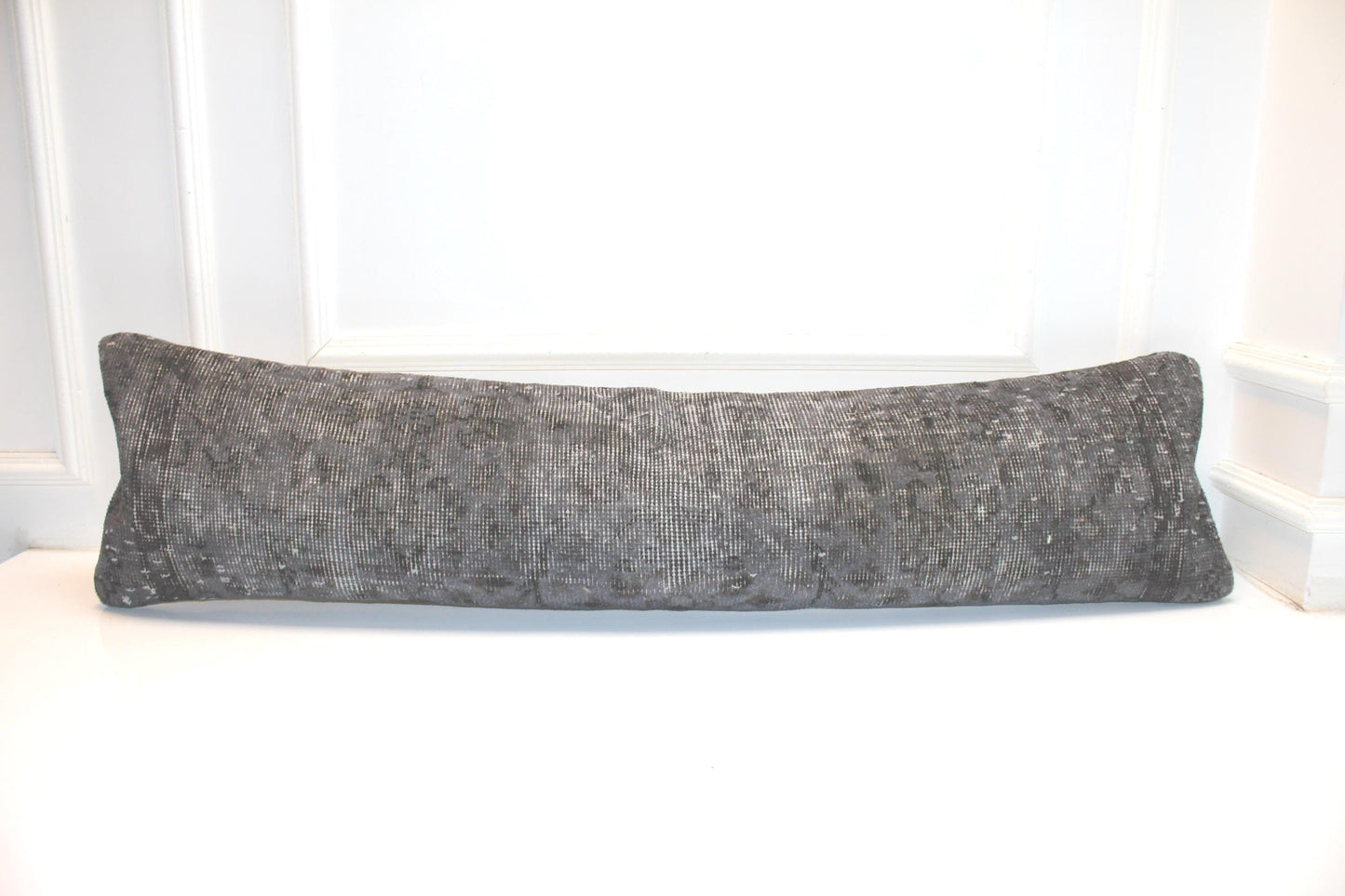 Charcoal Vintage Turkish Rug Bench Pillow 12x48, Dark Gray Kilim Lumbar Cushion