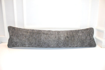 Charcoal Vintage Turkish Rug Bench Pillow 12x48, Dark Gray Kilim Lumbar Cushion