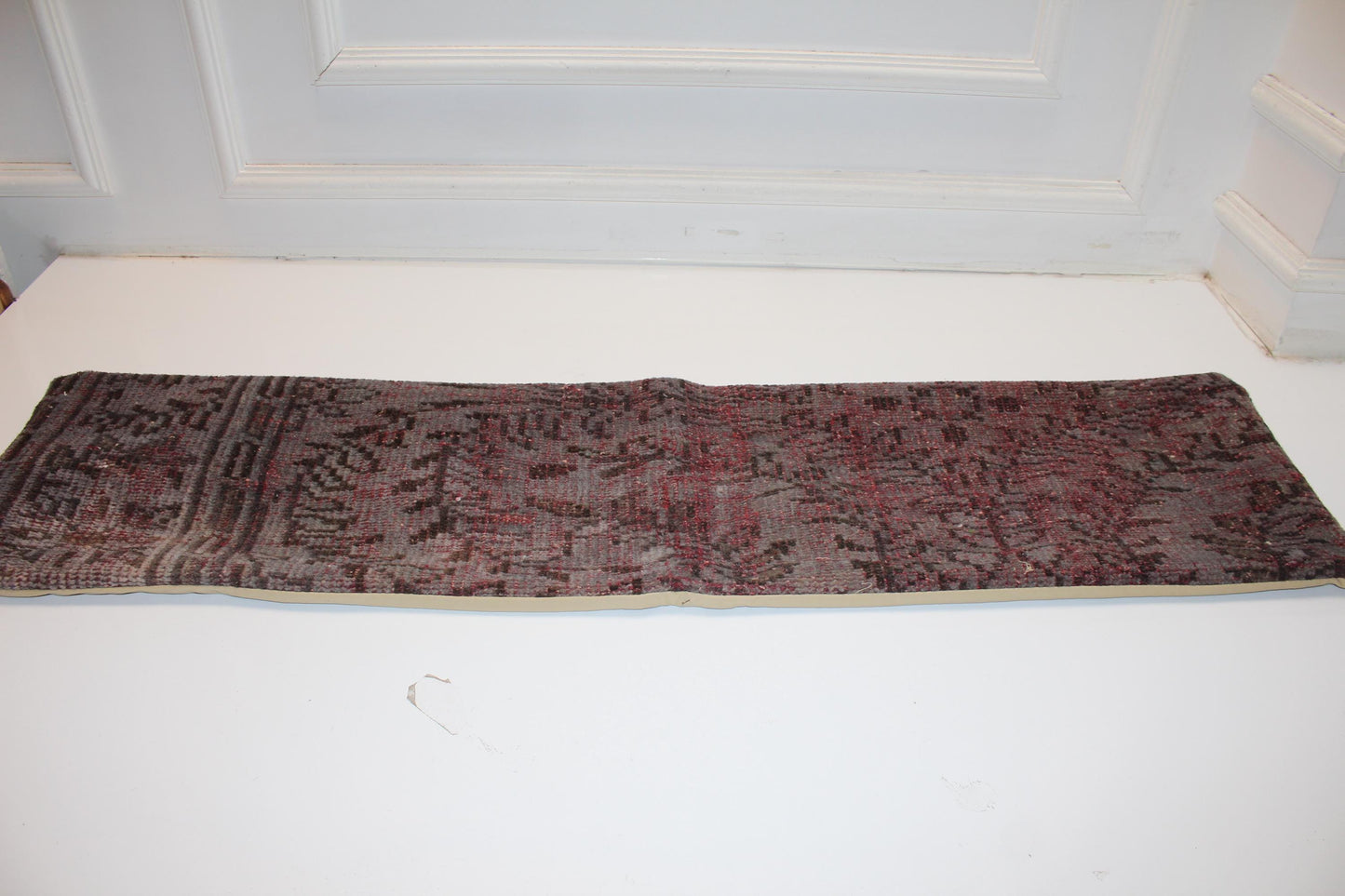 Distressed Vintage Turkish Rug Bench Pillow , Burgundy Taupe Lumbar Cushion12X48