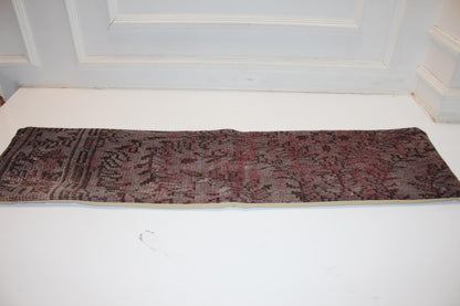 Distressed Vintage Turkish Rug Bench Pillow , Burgundy Taupe Lumbar Cushion12X48