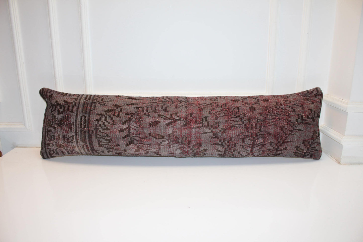 Distressed Vintage Turkish Rug Bench Pillow , Burgundy Taupe Lumbar Cushion12X48