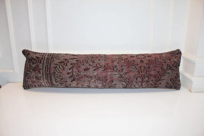 Distressed Vintage Turkish Rug Bench Pillow , Burgundy Taupe Lumbar Cushion12X48