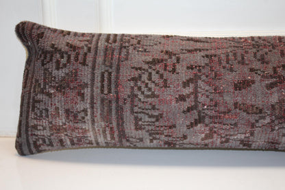 Distressed Vintage Turkish Rug Bench Pillow , Burgundy Taupe Lumbar Cushion12X48