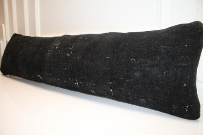 Black Vintage Turkish Rug Bench Pillow 12x48, Extra Long Lumbar Cushion